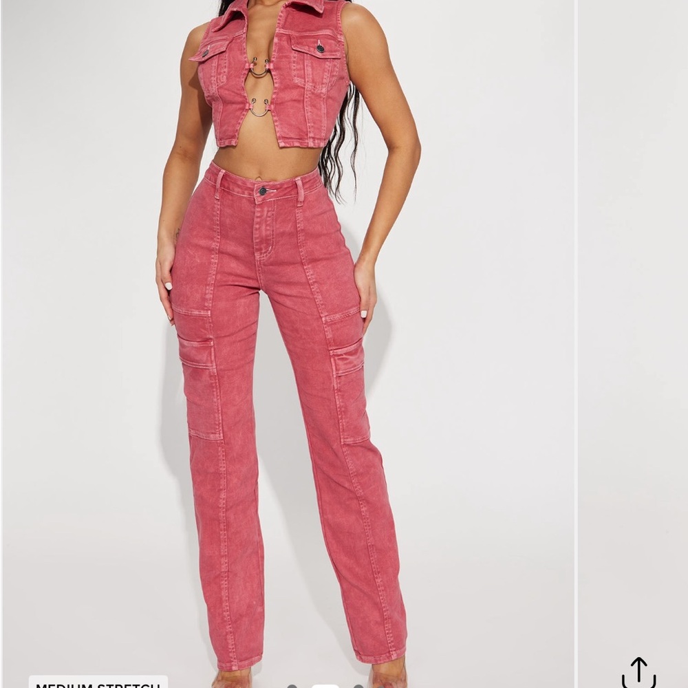 Fashion Nova Red Utility Jeans & Denim Vest
